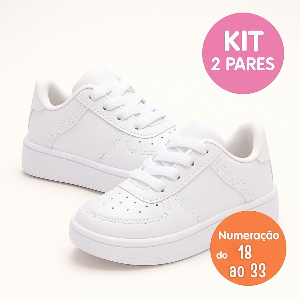 Kit 2 Pares de Tênis Brancos Infantil Baby e Juvenil Confortável e Macio Ideal para o Dia a Dia