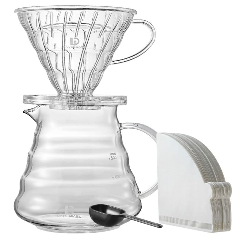 Kit Cafeteira Manual V60 02 - Jarra de Vidro + Tampa + Suporte FIltro + Colher Dosadora + 40 Filtros de Papel branco