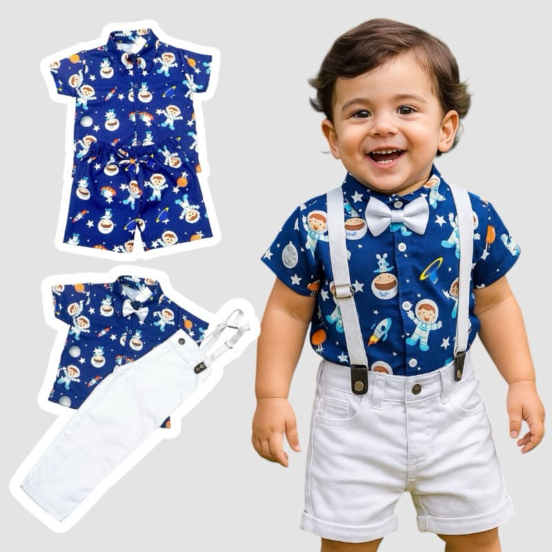 conjunto menino aniversario social modelo short brim astronauta