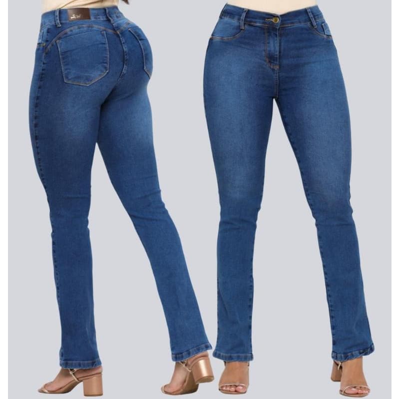 Calça Jeans Flarer Feminina Azul Com Lycra Modelagem Empina Bumbum Cintura Alta