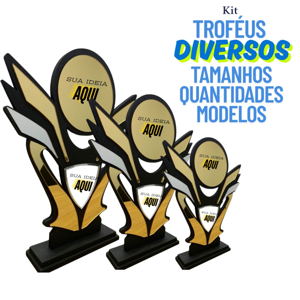kit 3 Troféus Personalizados em MDF e Acrílico Tamanhos 20, 30, 40 cm