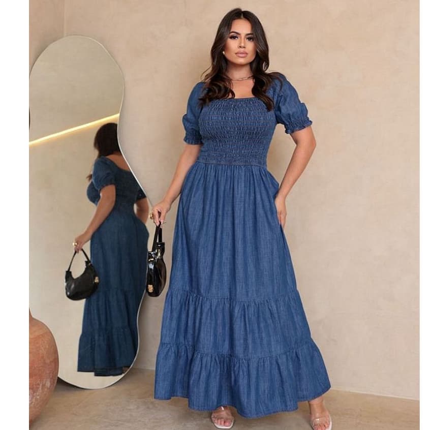 Vestido Feminino Jeans longo Com Lastex Manga Curta