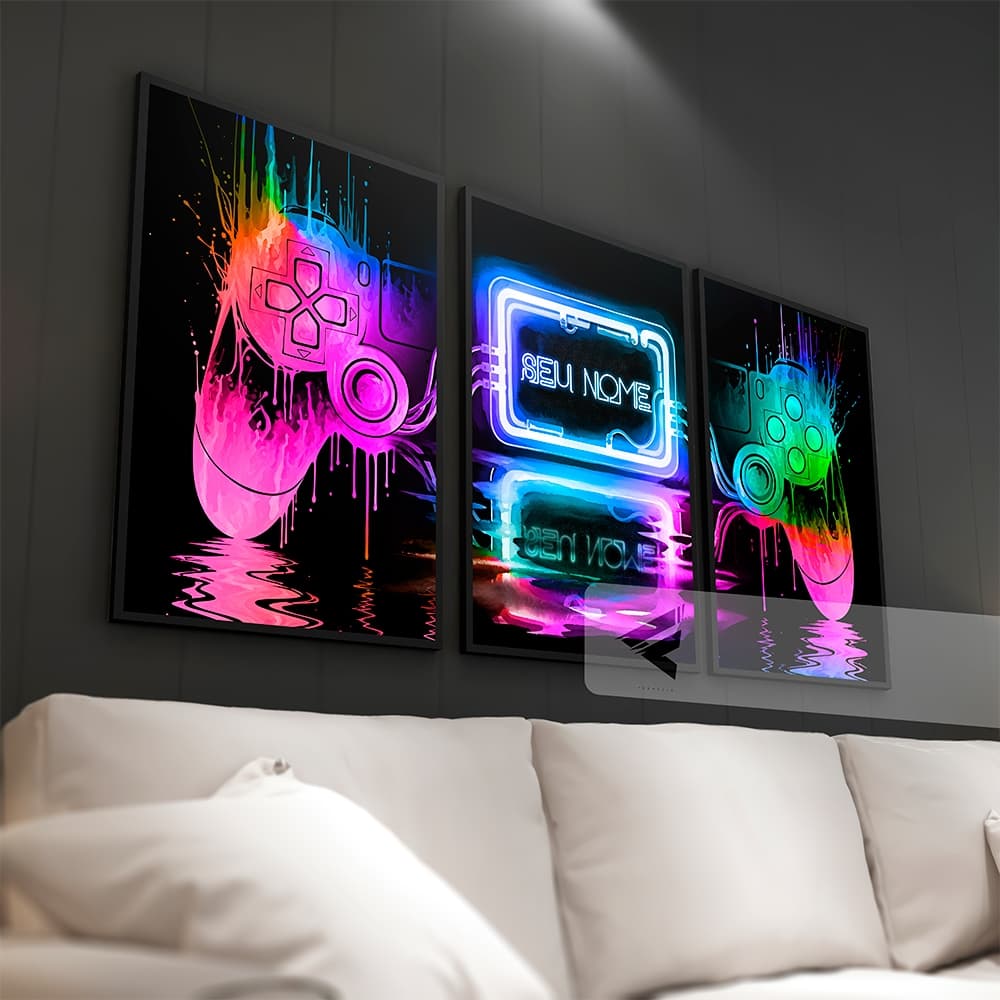 Kit 3 Quadros Decorativos Gamer, Controle, Jogos c/ *SEU NOME* personalizado! para quarto, sala all