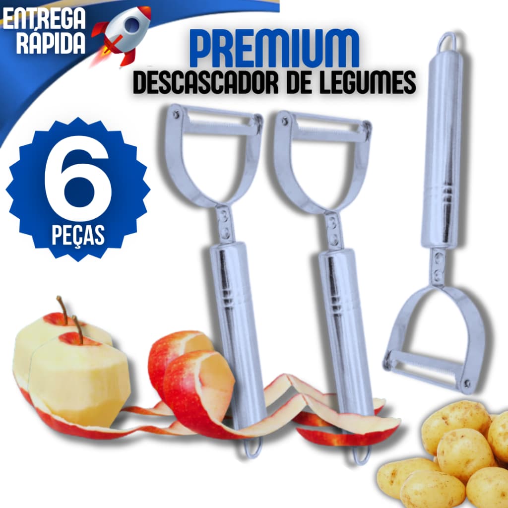 Kit 6 Descascador de Vegetais em Aço Inoxidável Premium para Batata Cenoura Frutas Legumes