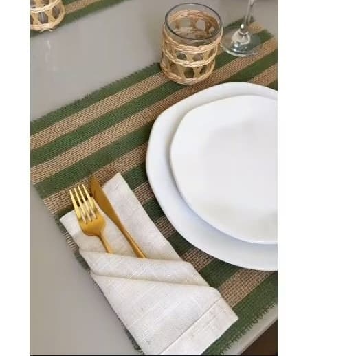 Kit Jogo Americano Lugar Jogo Americano Natural em Juta Listras Verde| Mesa Posta