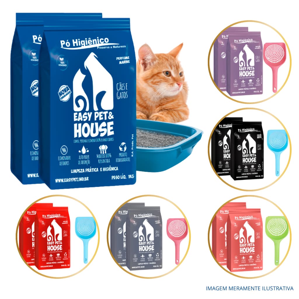 Kit 2 Pó Higiênico Easy Pet & House 1kg + Pá Higiênica – Biodegradável, Perfumado, Para Cães e Gatos