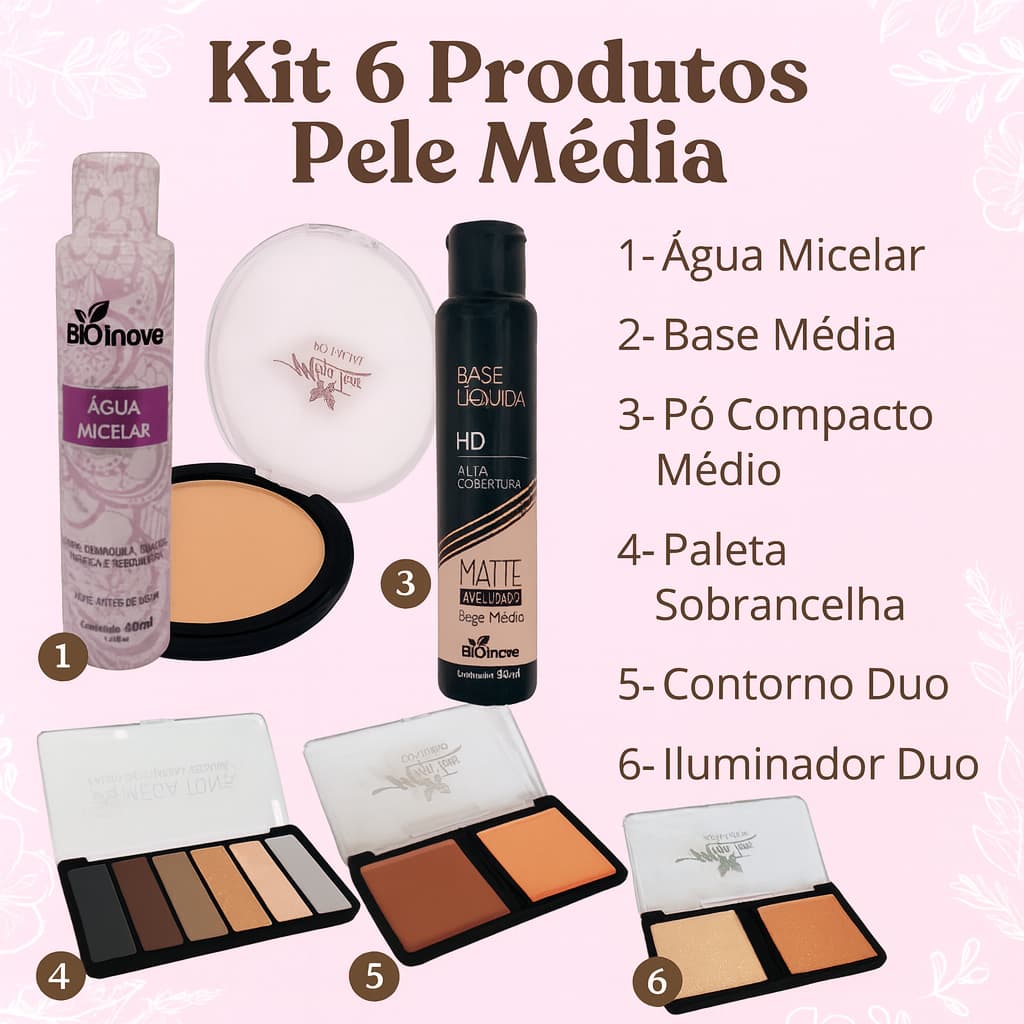 Kit Maquiagem Pele Média Completo Moda Feminina Água Micelar, Base HD, Pó Paleta Sobrancelha Contorno e Iluminador
