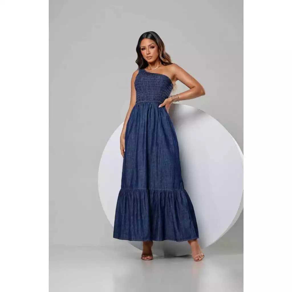 Vestido Feminino Longo Jeans Ombro Só
