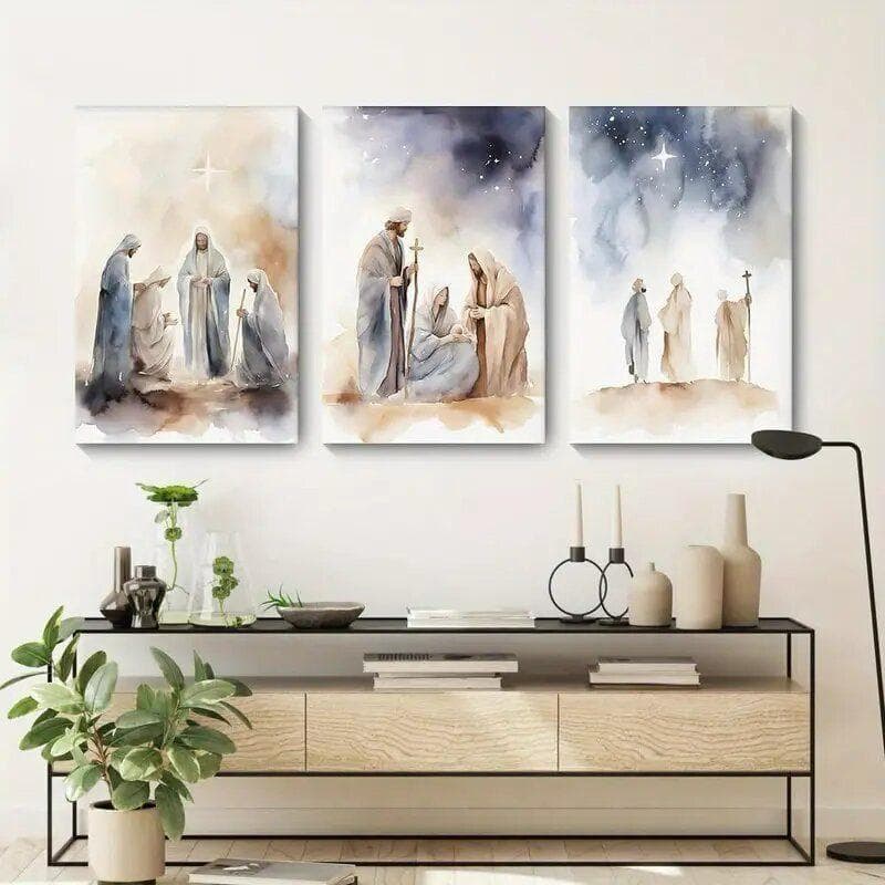 Quadro Religioso Nascimento de Jesus 3 Peças Arte Aquarela Belém Natal Sagrada Família