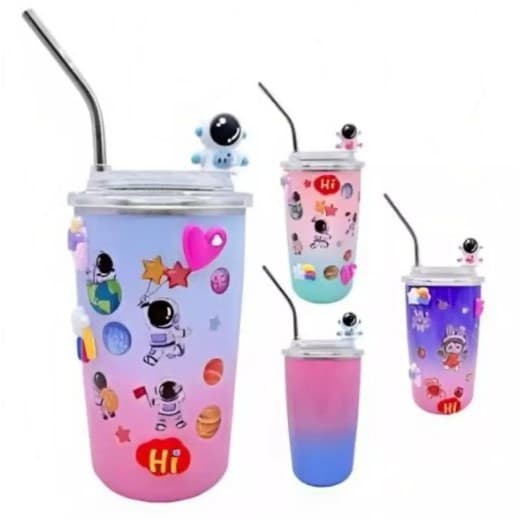 Copo Térmico c/ Canudo 450ml Astronauta Em Aço Inox c/ Adesivo 3D