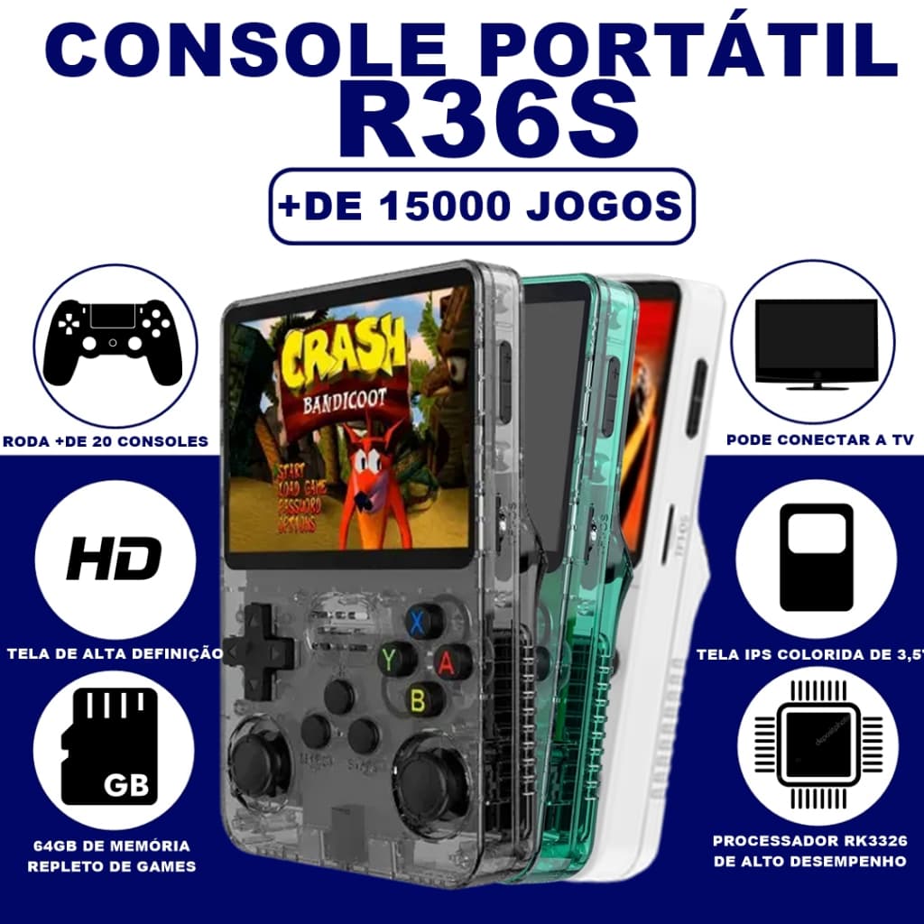 [VERSÃO ORIGINAL] Console Portátil R36S com 15.000 mil Jogos Vídeo Game 64GB Várias Cores