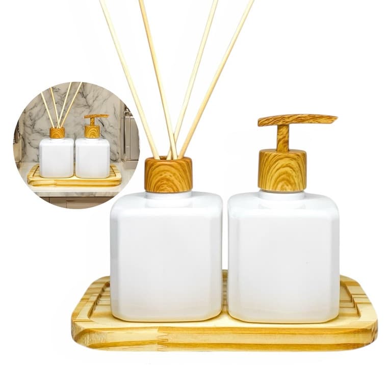 Kit Lavabo Branco Pet Madeira Difusor e Porta Sabonete Com Bandeja Decorativa