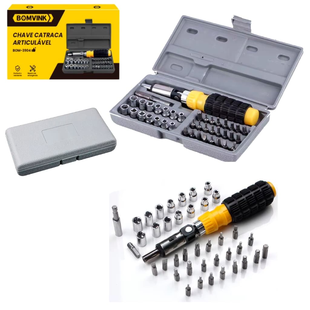 Kit de Chave Catraca Articulável 40 Peças BOM-3904 Bomvink Chave Fenda Philips Bits