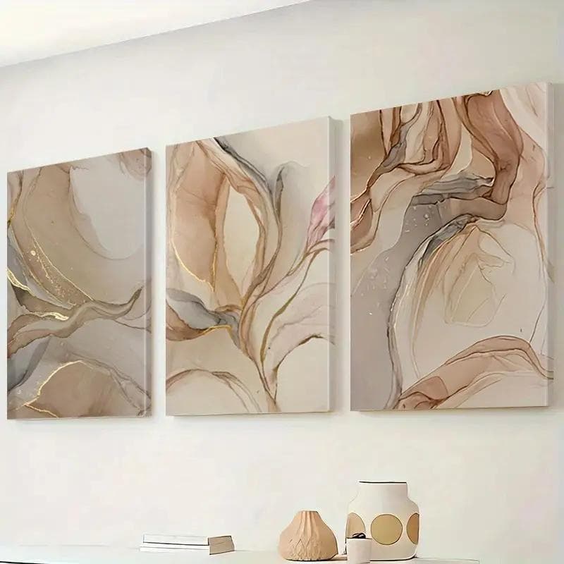 Kit 3 Quadros Decorativos Abstrato Tons Neutros Bege Dourado Arte Moderna
