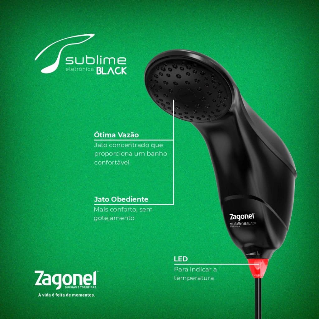 Ducha Chuveiro Eletrônica Preto C/ LED Sublime 5500W/7500W 127V/220V Zagonel
