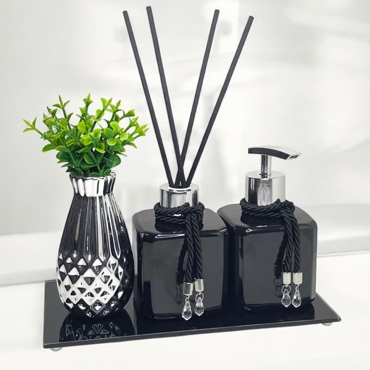 Kit Lavabo Banheiro Preto Porta Sabonete Difusor Varetas Vasinho Com Bandeja Luxo