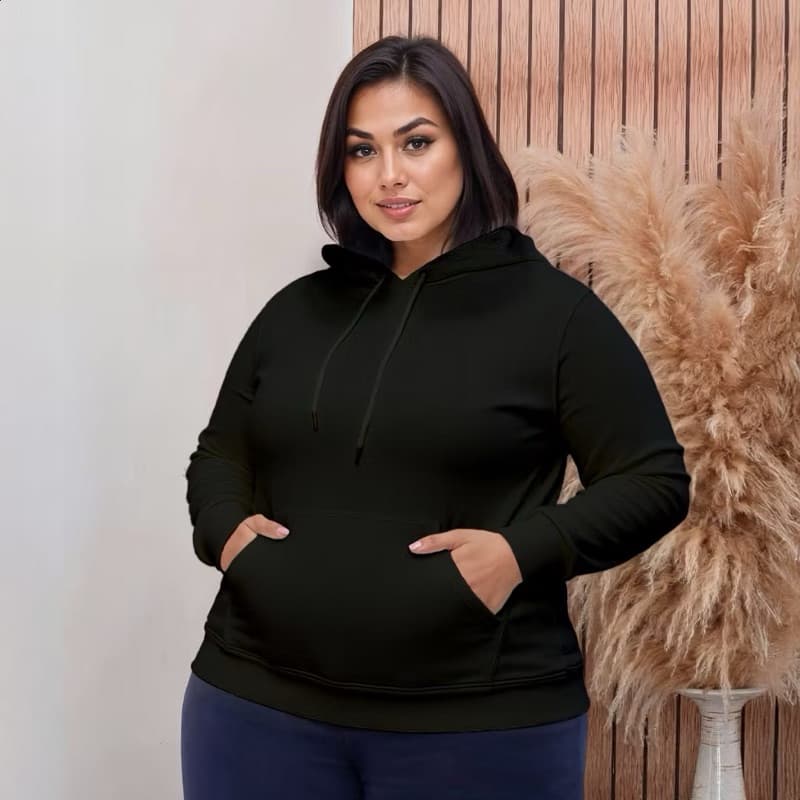 Moletom Flanelado Canguru com Bolso e Capuz Plus Size Feminino