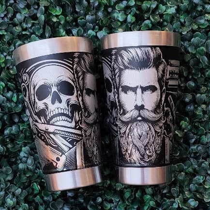 Copo Térmico com arte 360º graus Personalizado a Laser Tema: BARBEARIA BARBEIRO Com tampa e parede dupla