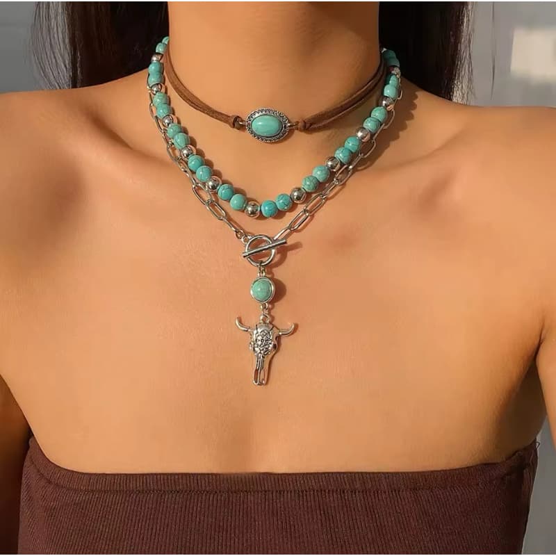 Kit Colar Turquesa Boho Country Western Couro Prata Envelhecida. Choker Pingente Boi. Maxi Colar Feminino Moda Tendência