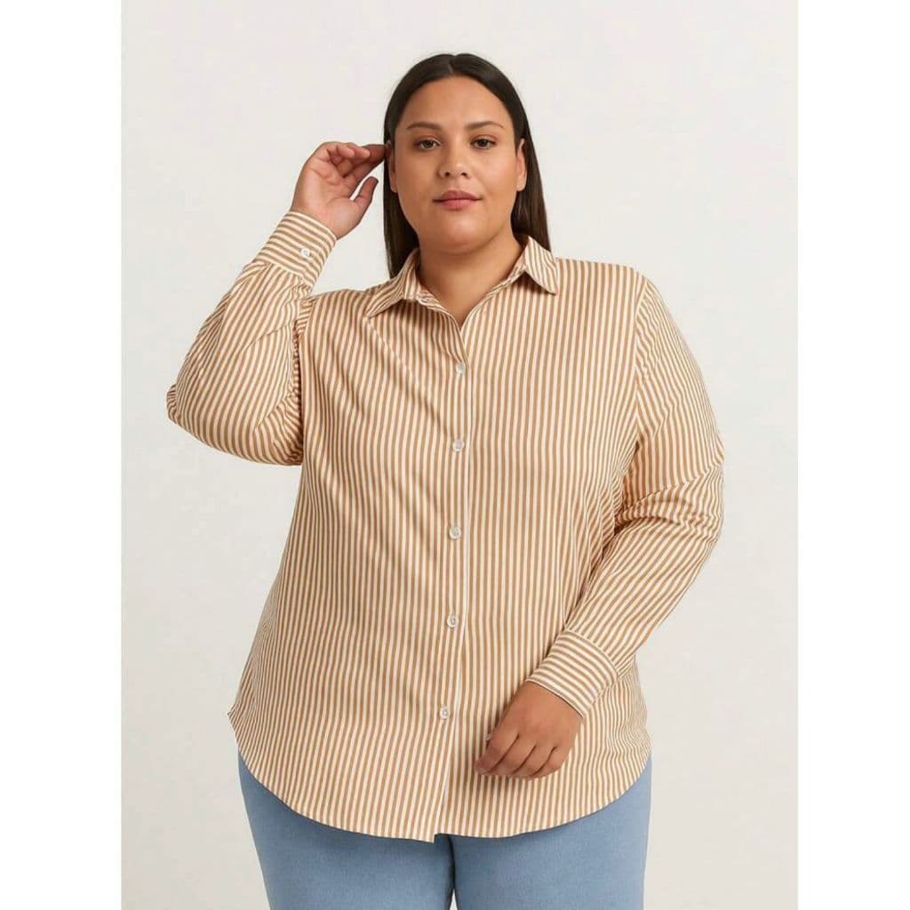 Camisa Social Feminina Plus Size Listrada Manga Longa