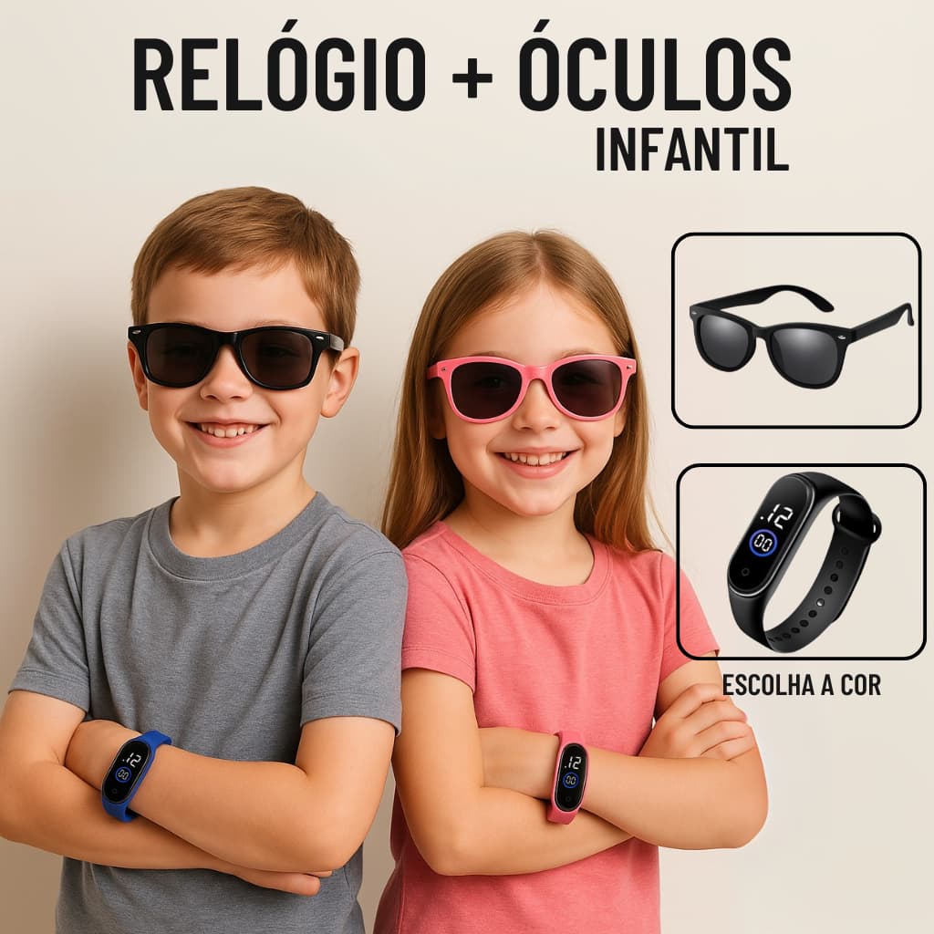 Conjunto Relógio Infantil de Led + Óculos Escuro de Sol Menino e Menina