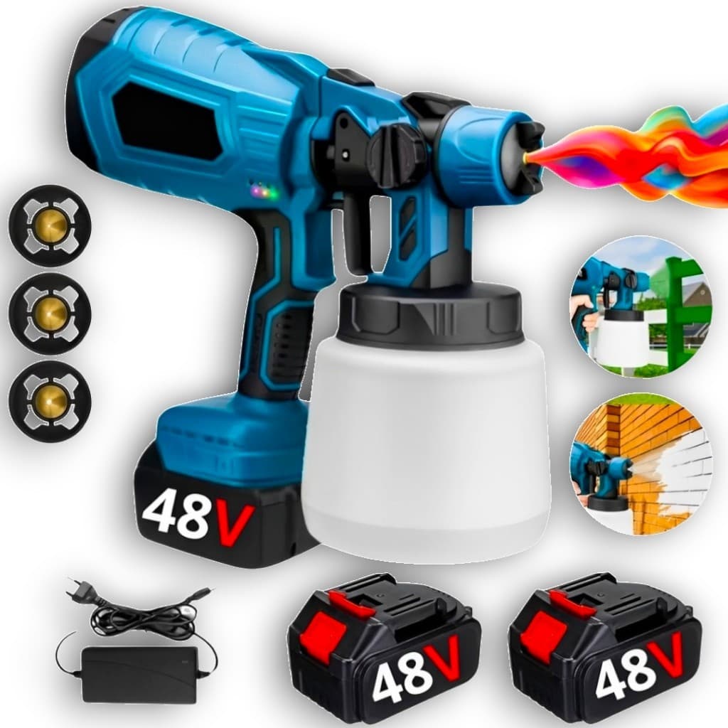 Pistola Pintura Pulverizadora Tinta Paint Plus Com 3 Bicos Recarregável Portátil Com 2 Baterias 48v