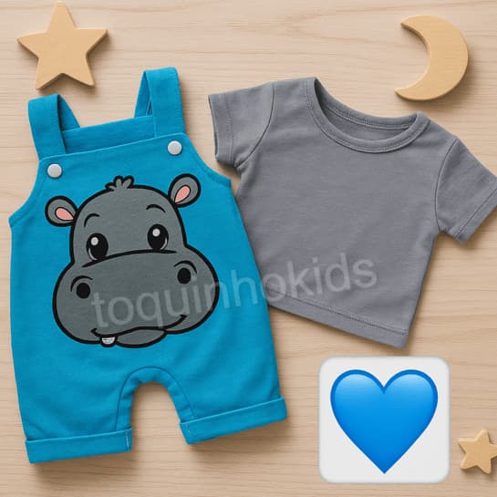 Jardineira + Camisa de bebê menino temática hipopótamo  fofa 3 a 6 meses verão calor passeio