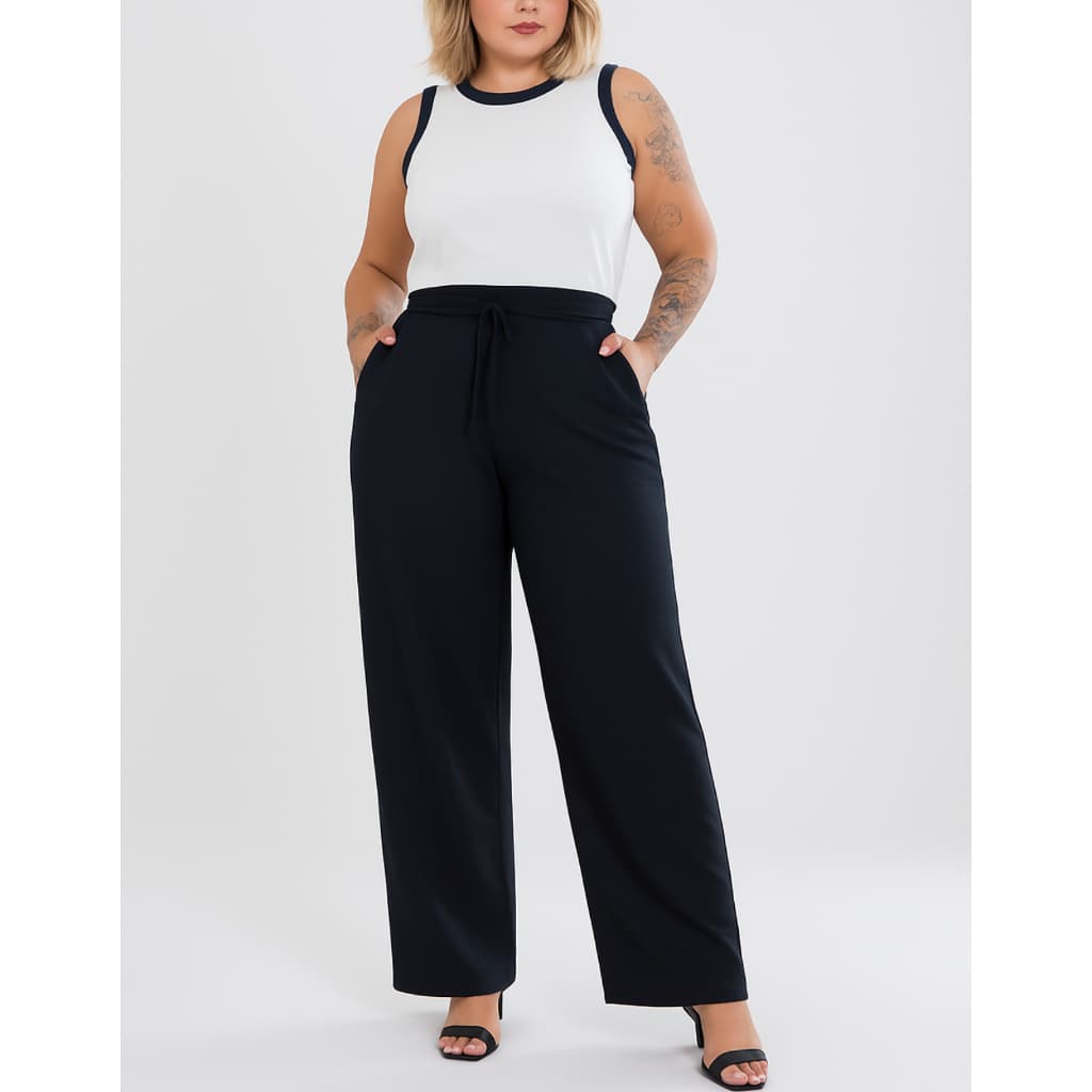 Conjunto Feminino Plus Size Blusa Bicolor Calça Wide Leg Pantalona Até G4