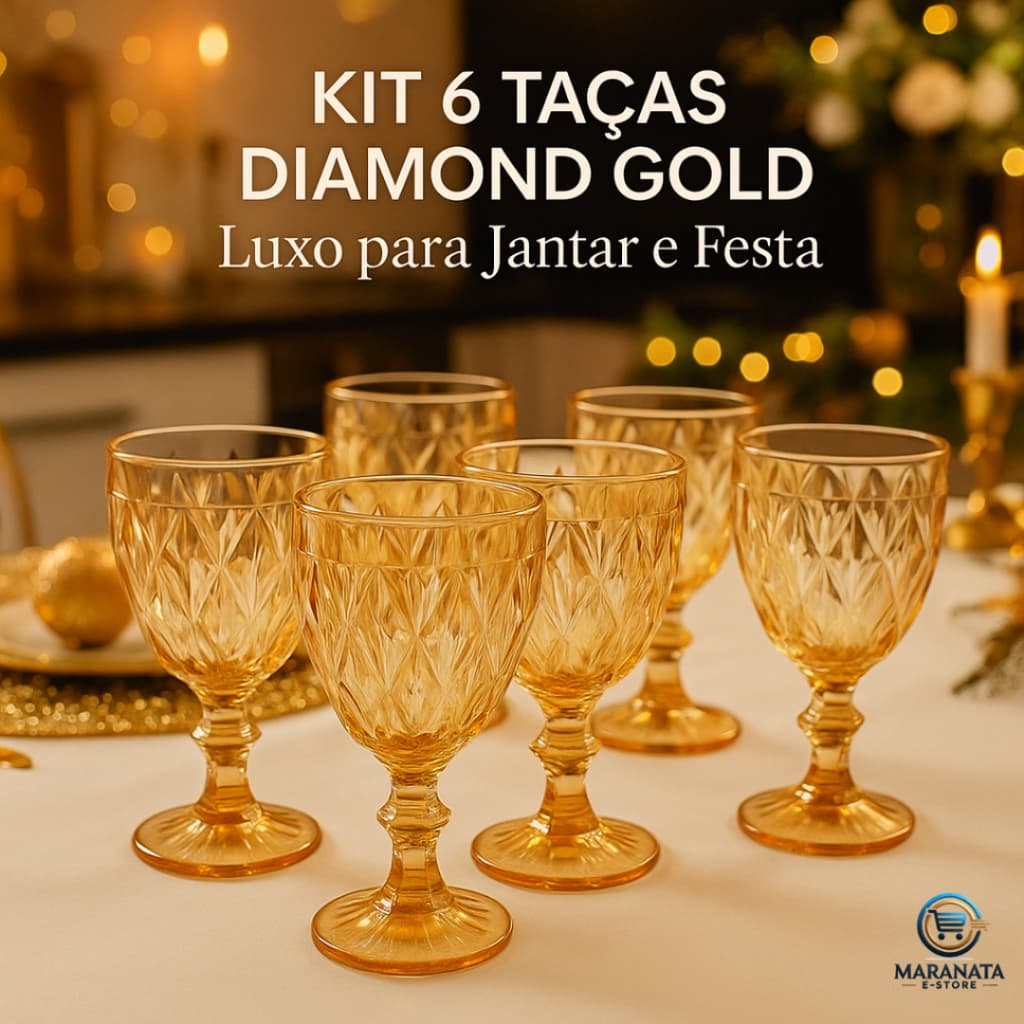 Kit Conjunto 6 Taças Vidro Luxo Diamond Gold 325ml Jantar Festa