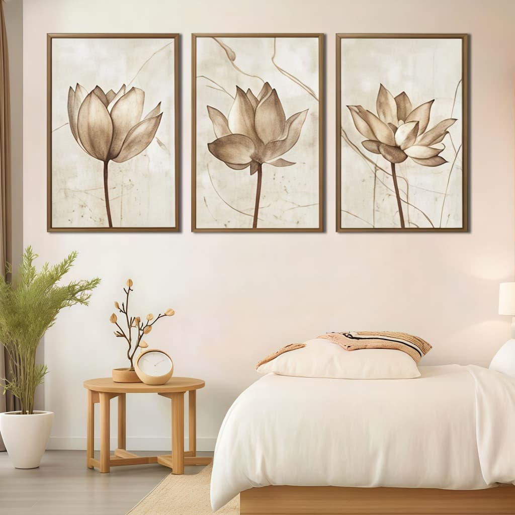 Kit 3 Quadros Decorativos Lótus Bege 120x60cm Instalação Sem Furos Decorar Sala Quarto Copa Escritório Hall​