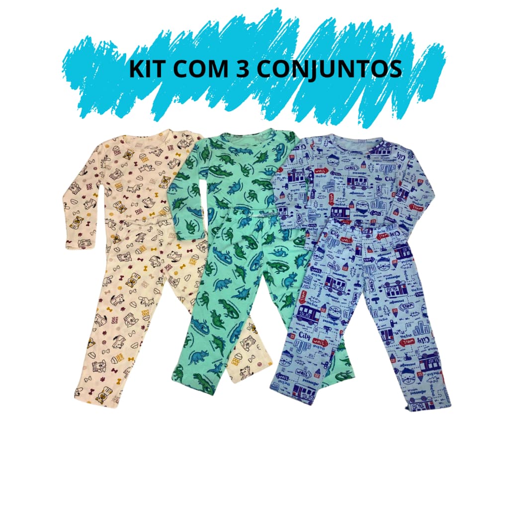Kit 03 Pijama Manga Longa Masculino Infantil Menino 02 Ao 16 100% Algodão