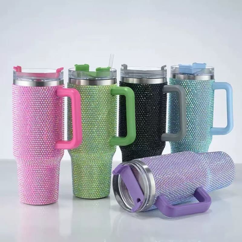 Copo Térmico 1200ml Com Strass Brilhante Com Alça Tampa E Canudo