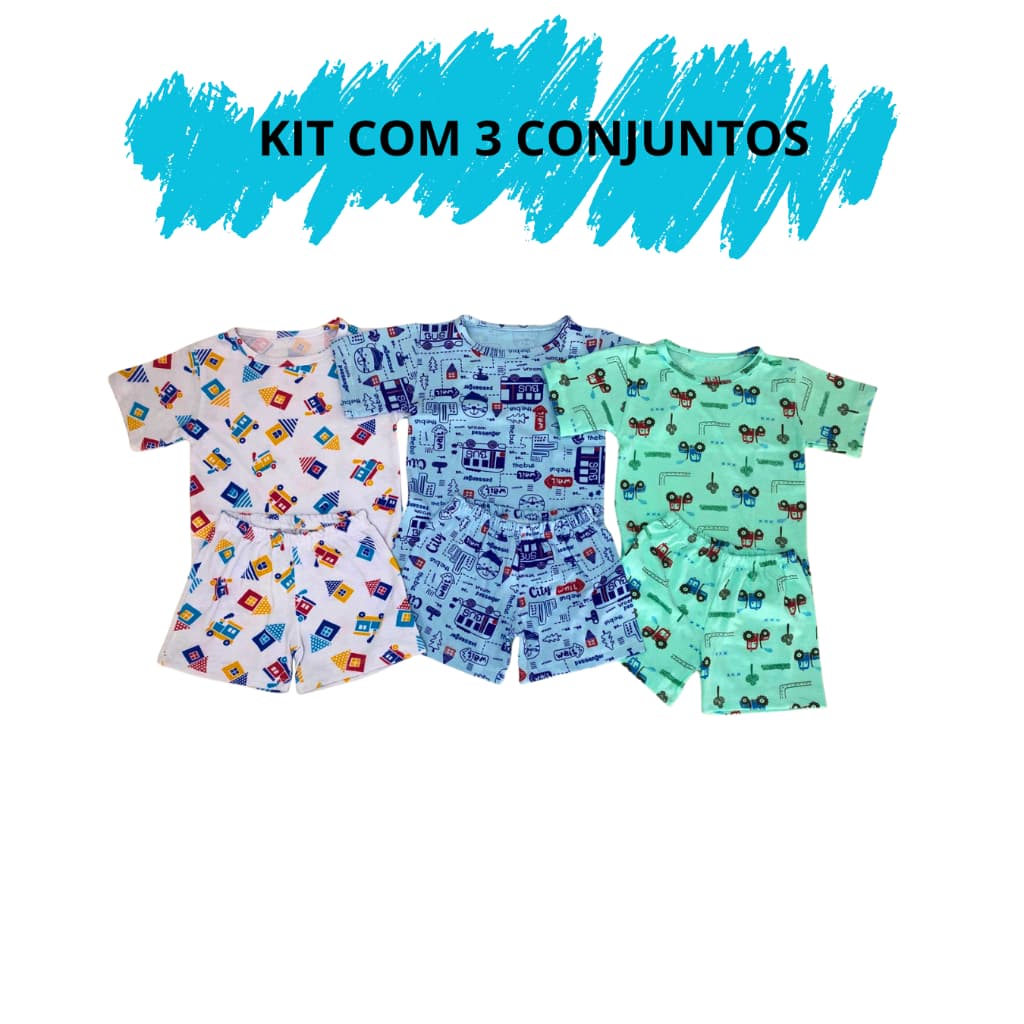 Kit 03 Pijama Manga Curta Masculino Infantil Menino 02 Ao 16 100% Algodão