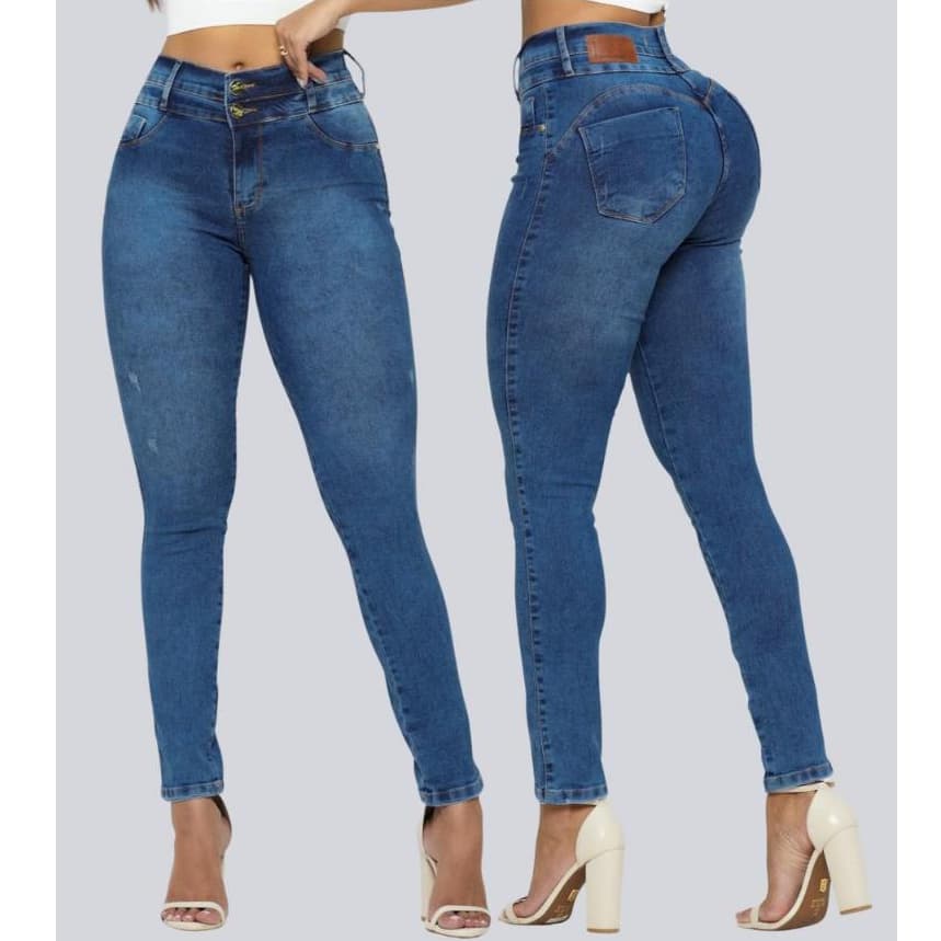 Calça Jeans  Feminina Azul Clara Com Lycra Modelagem Empina Bumbum Cintura Alta