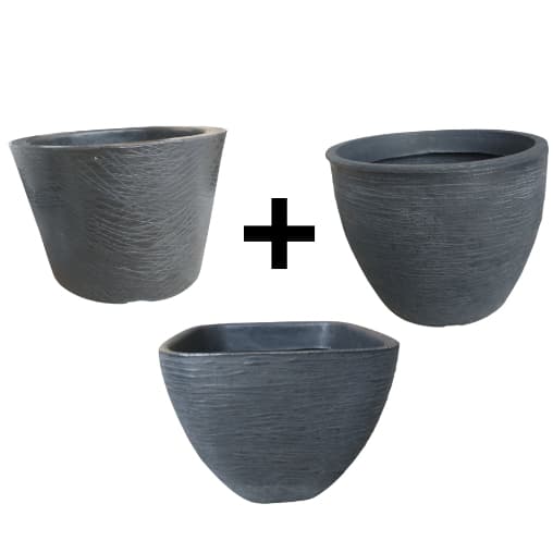 Kit 3 Bacia Vaso De Planta Cônico 21L + Vaso De Planta Grande Rústico 30L + Vaso De Planta Quadrado Rústico 18L Preto
