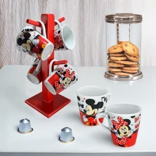 Kit 4 Xícaras 120ml Mickey Minnie Suporte Madeira Preto Vermelho Suporte MDF Porta Xícaras Canecas