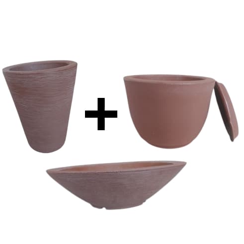 Kit 3 Vaso De Planta Cônico 16L + Vaso De Planta Redondo Com Pratinho + Bacia Vaso De Planta Cônico Rústico Marrom