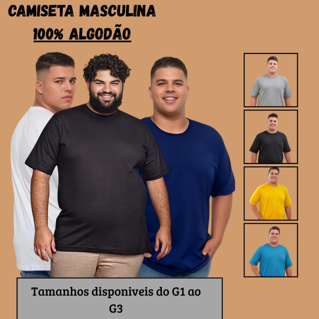 Camiseta Plus size masculina Premium Plus Sise 100% algodão tamanhos grande G1 G2 G3