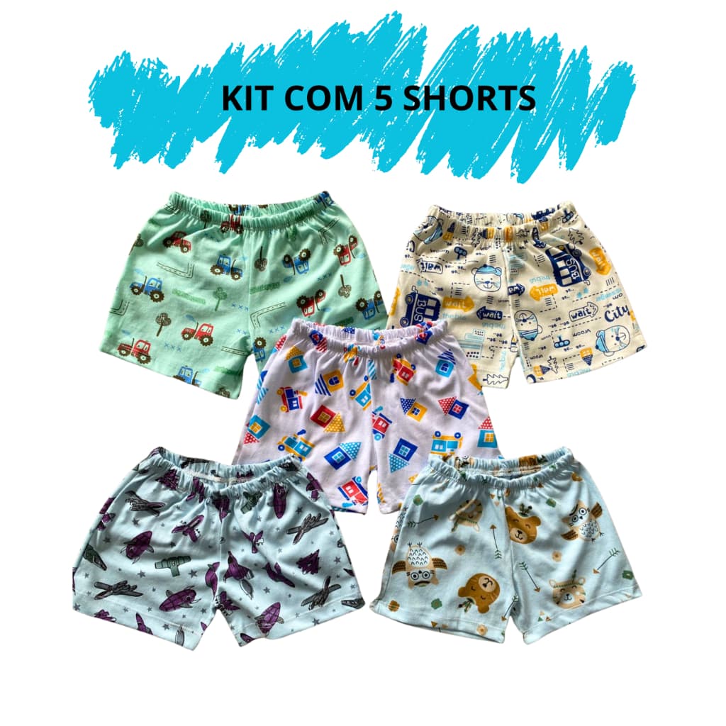 Kit 05 Shorts Masculino Avulso De Pijama Infantil Menino 02 ao 16 100% algodão