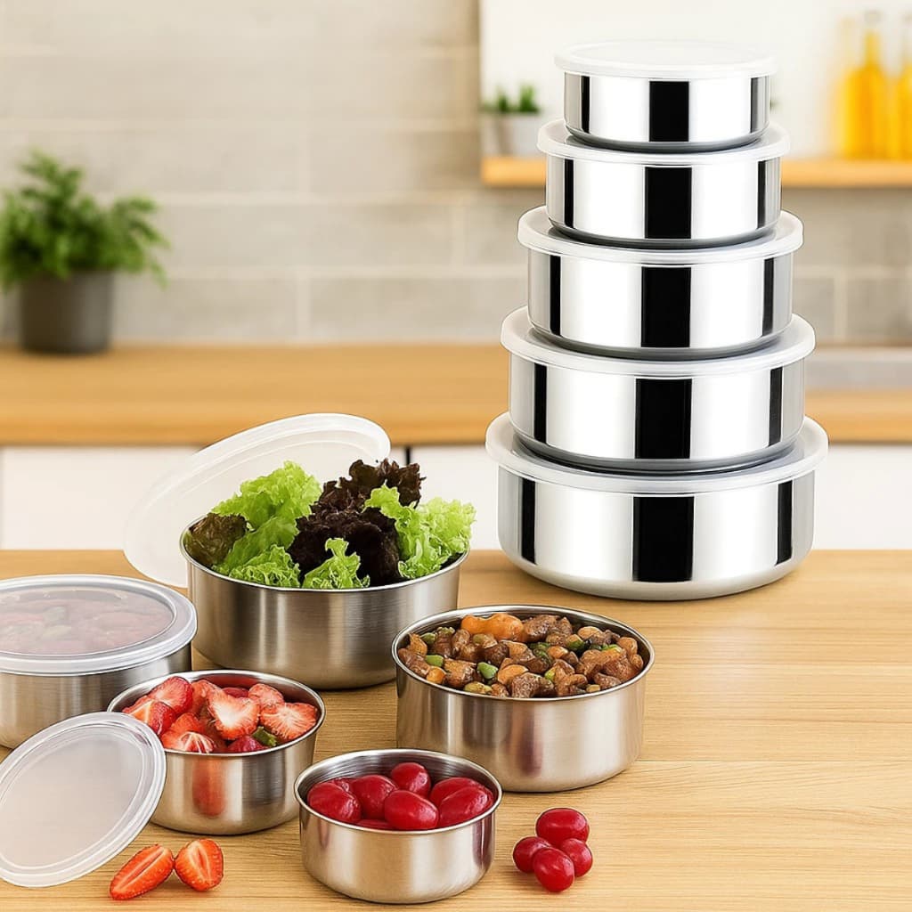 Kit 5 Potes Herméticos Inox Bavária Tigelas com Tampa Silicone Cozinha