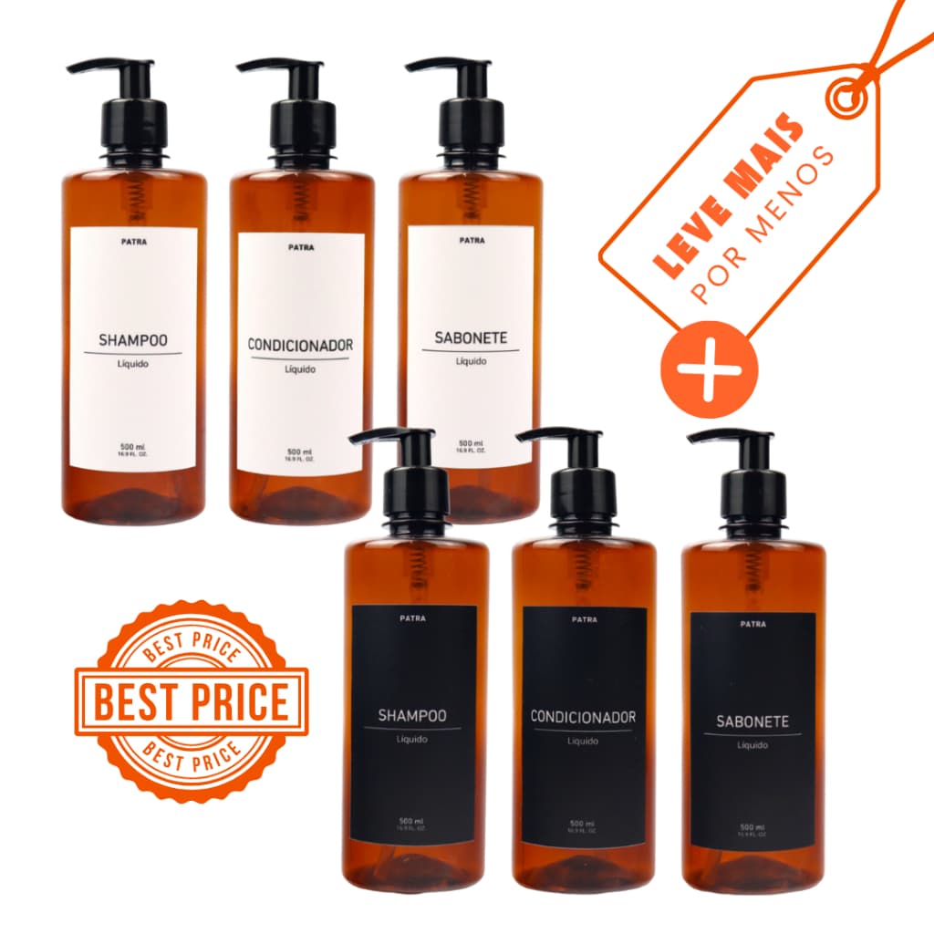 2 Kit Banho Frasco Âmbar  3pçs Shampoo Condicionador e Sabonete líquido Dispenser 500ml Cil.