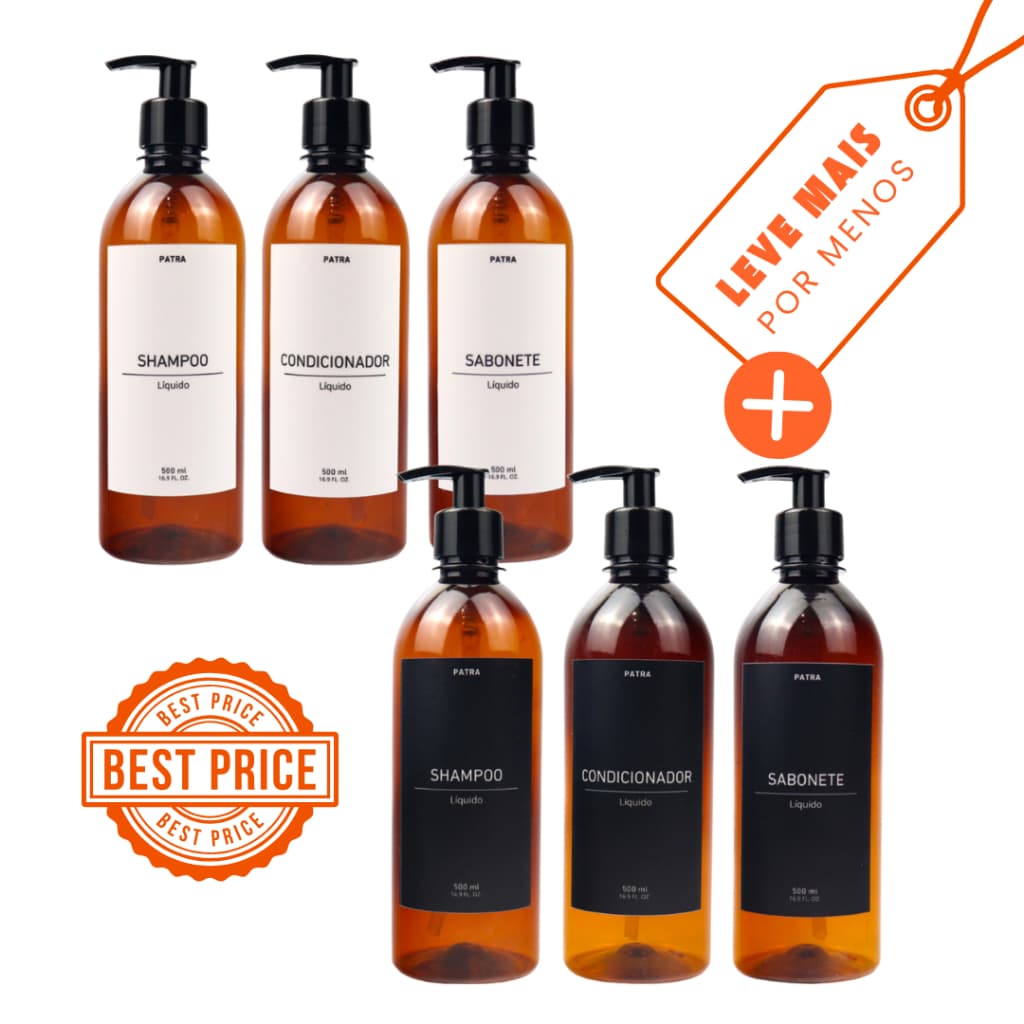 2 Kit Banho Frasco Âmbar  3pçs Shampoo Condicionador e Sabonete líquido Dispenser 500ml Caçula