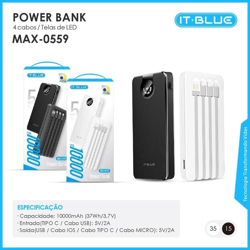 Power Bank ITBLUE MAX-0559 10000mAh | 5 em1 com 4 Cabos | Carga Rápida | Preto/Branco