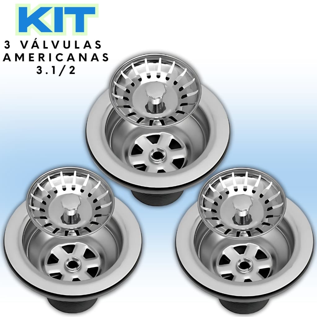 Kit 3x Válvulas Americana de Aço Inox 3 1/2 + Cestinha Universal Ralo Pia de Cozinha/Lavanderia