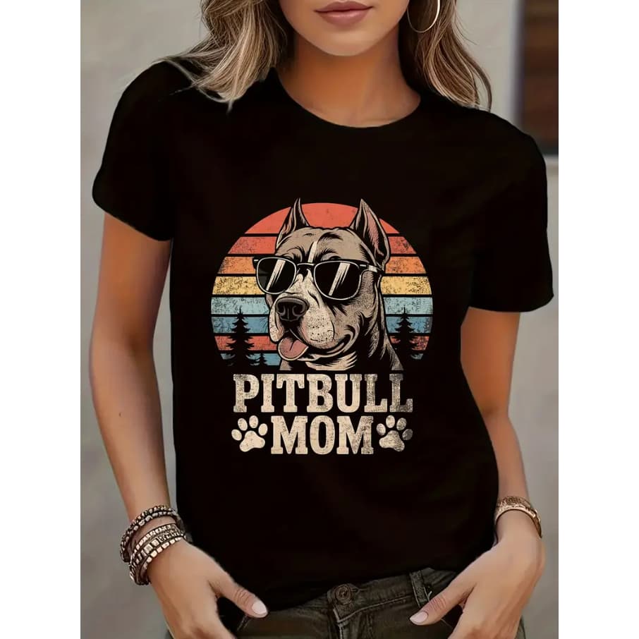 Camiseta T-shirt Vintage Mãe de Pitbull Design Divertido "Pitbull Mom"
