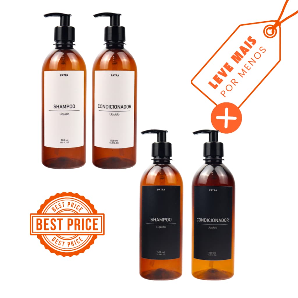 2 kit Banho Frasco Âmbar  2pçs Shampoo e Condicionador Dispenser 500ml Caçula