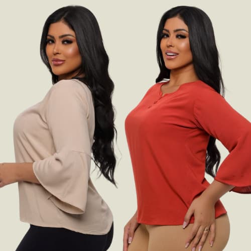 Kit 2 Blusas Femininas Manga Flare Com Botões Look Elegante E Confortável Viscolinho