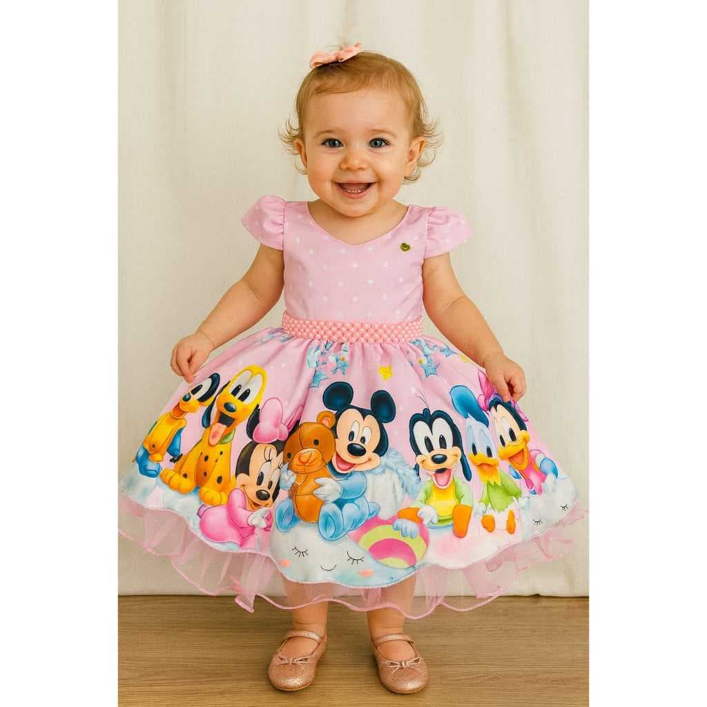 VESTIDO INFANTIL RODADO DISNEY BABY ROSA FESTA LUXO MINNIE
