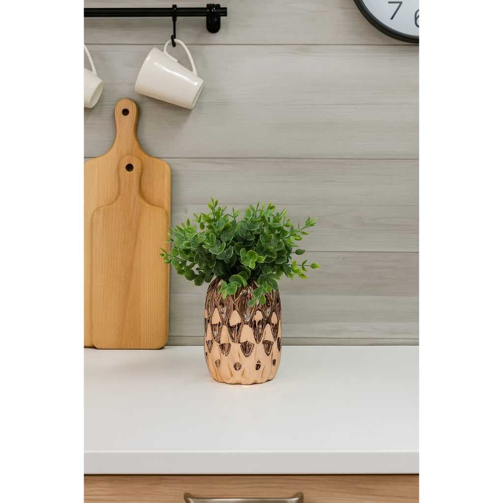 Vasinho Decorativo em Cerâmica Rosê Gold Com detalhes e Planta