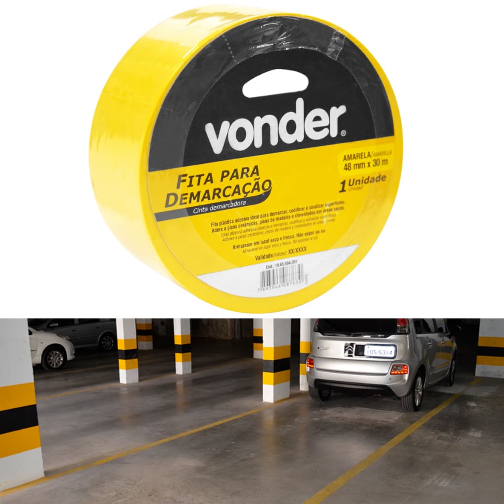 Fita de Demarcação Amarela 48mm x 30m Vonder – Sinalização de Piso, Estacionamento e Galpão Industrial Nf